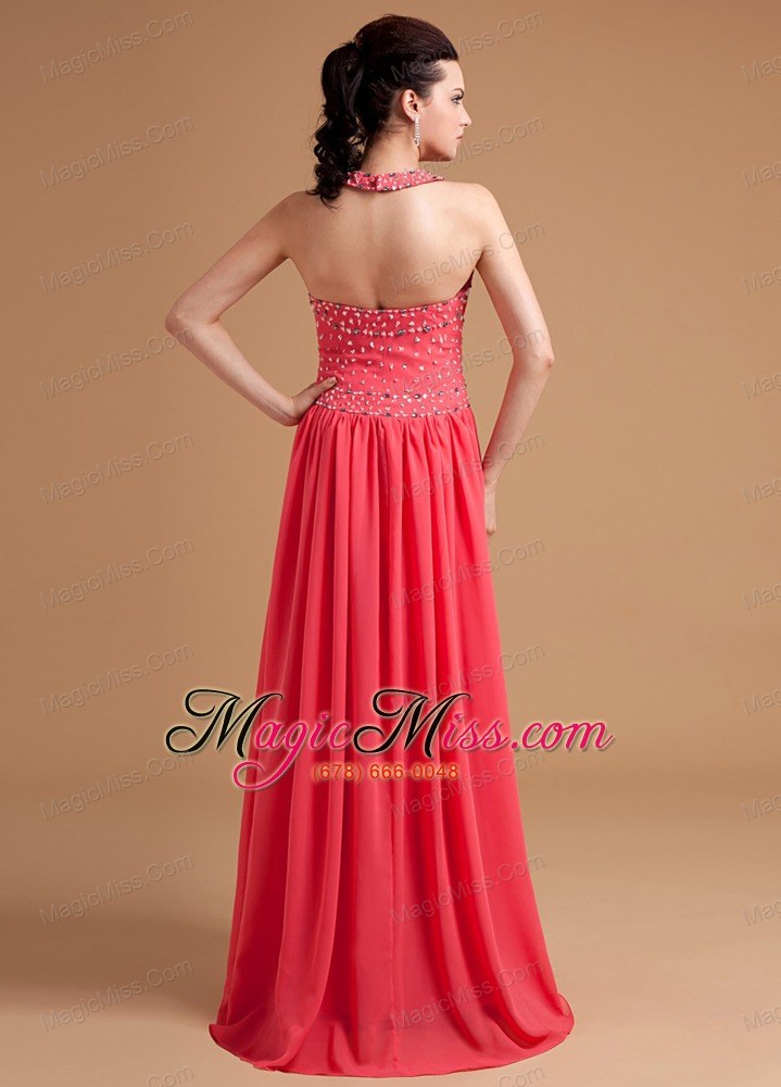 wholesale watermelon prom / evening dress with beaded halter chiffon