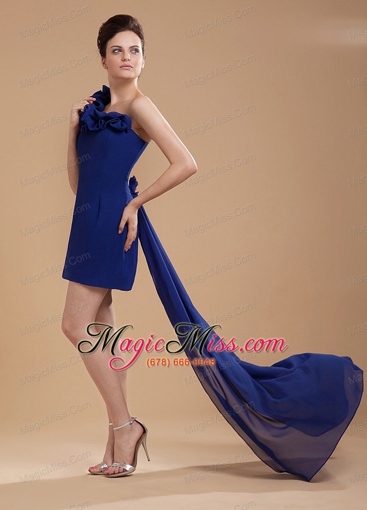 wholesale royal blue one shoulder prom / cocktail dress with hand made flower watteau train