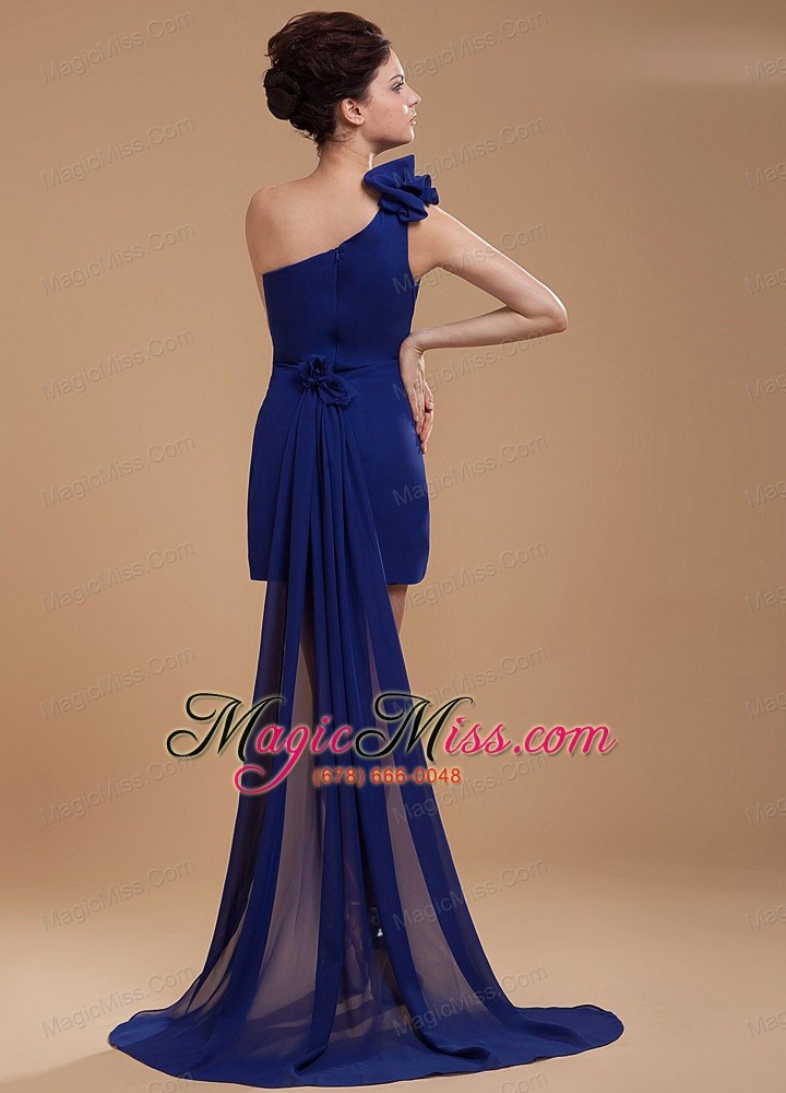 wholesale royal blue one shoulder prom / cocktail dress with hand made flower watteau train