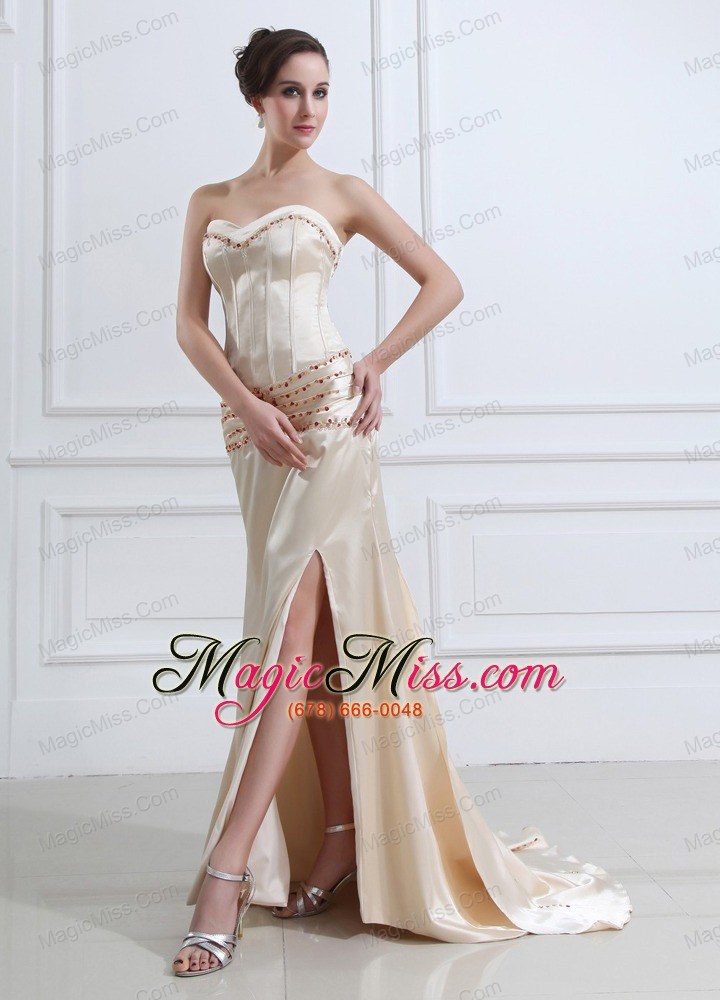 wholesale champagne prom / evening dress with beaded high slit court train elastic woven satin sweetheart