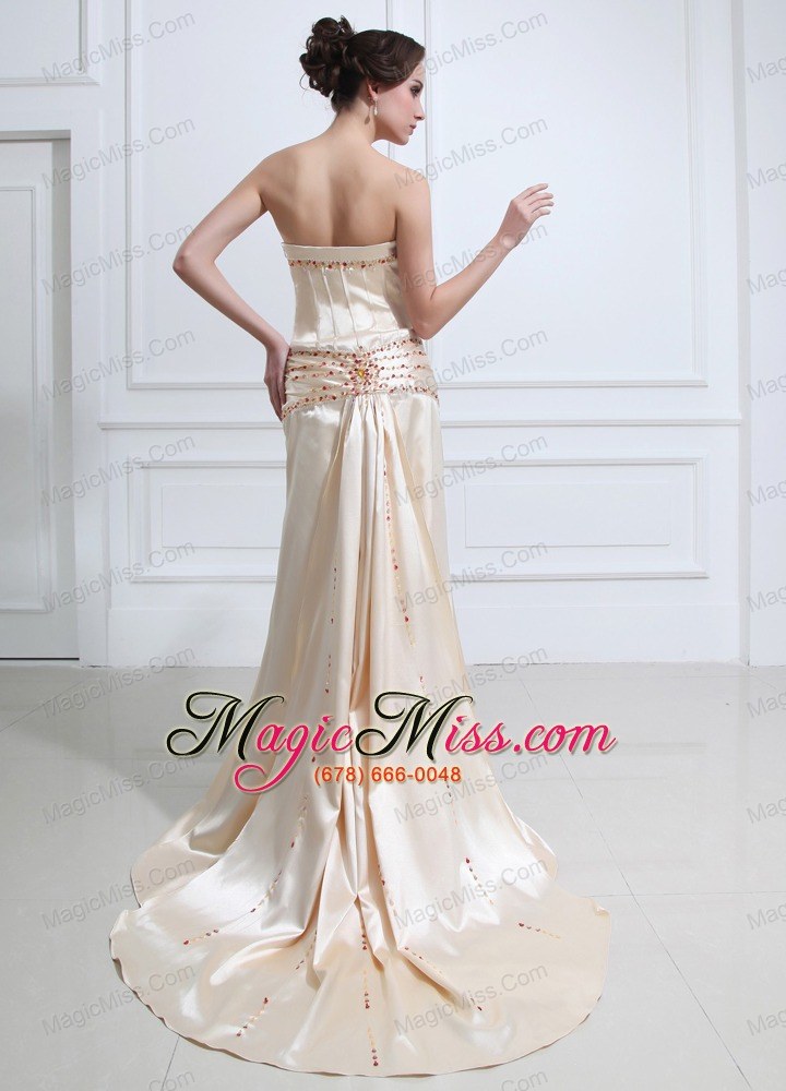 wholesale champagne prom / evening dress with beaded high slit court train elastic woven satin sweetheart