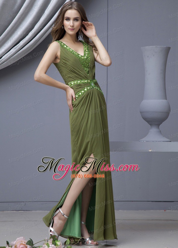 wholesale beading decorate bodice v-neck high slit olive green chiffon 2013 prom dress floor-length