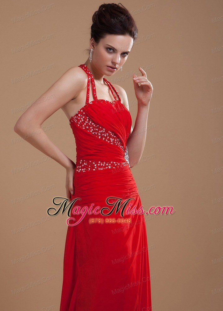 wholesale beading decorate bodice high slit halter red chiffon brush train 2013 prom dress