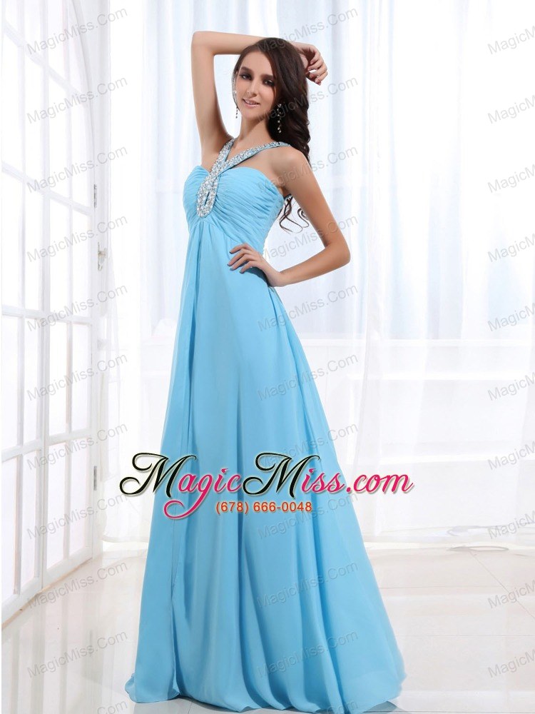 wholesale beaded decorate v-neck and baby blue for simple custom made prom dress