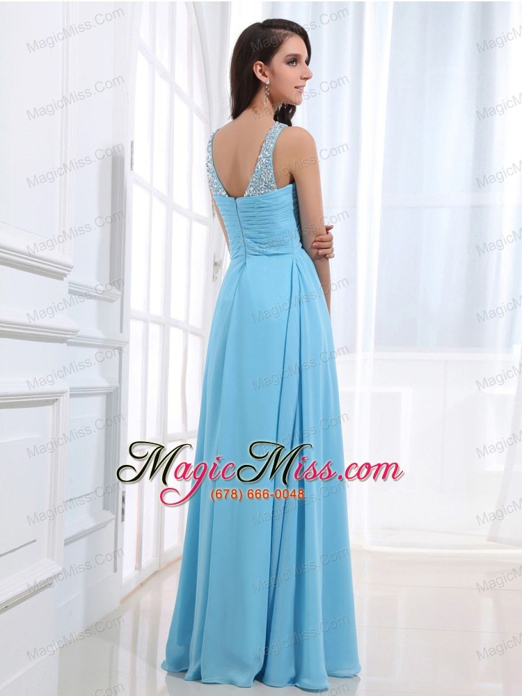 wholesale beaded decorate v-neck and baby blue for simple custom made prom dress