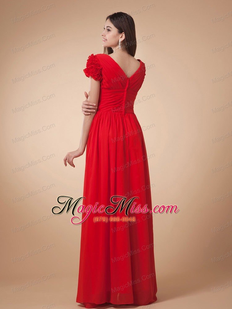 wholesale wine red empire prom dress v-neck short sleeves floor-length chiffon with ruch