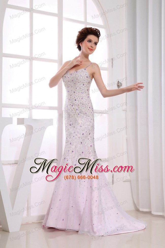 wholesale beading over skirt mermaid spaghetti straps light pink brush train prom dress for 2013
