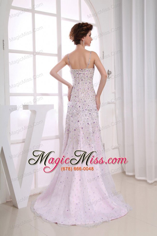 wholesale beading over skirt mermaid spaghetti straps light pink brush train prom dress for 2013