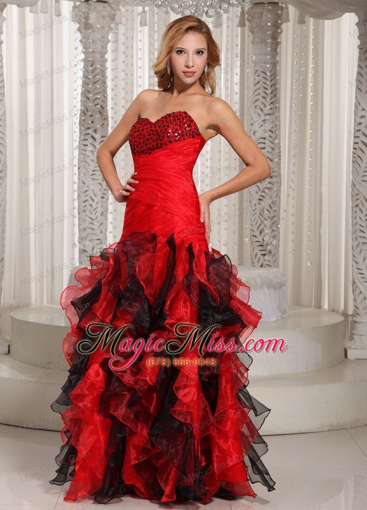 wholesale ruffles a-line swetheart ruched bodice prom dress red and black with beading decorate