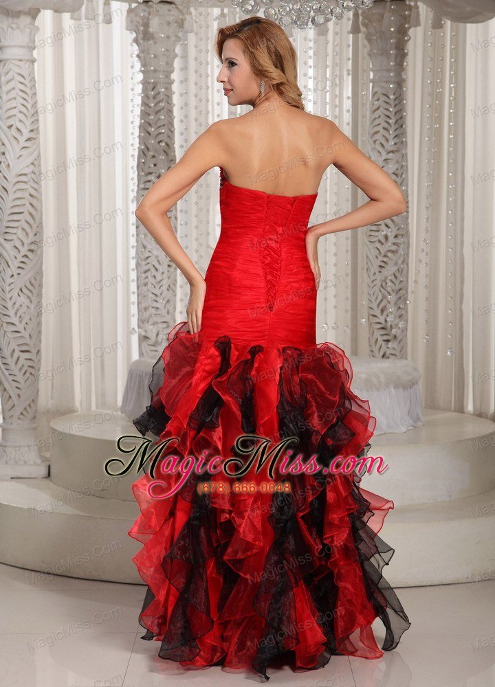 wholesale ruffles a-line swetheart ruched bodice prom dress red and black with beading decorate