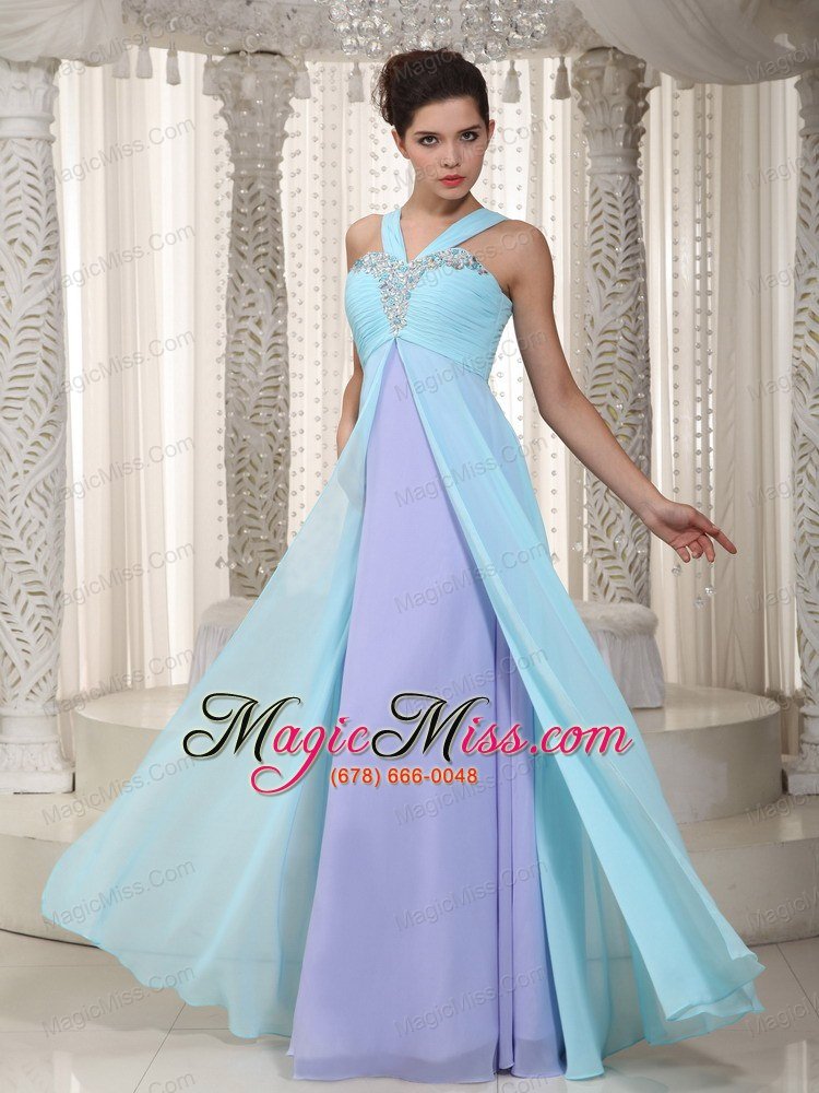wholesale aqua blue and lavender empire straps floor-length chiffon beading prom dress