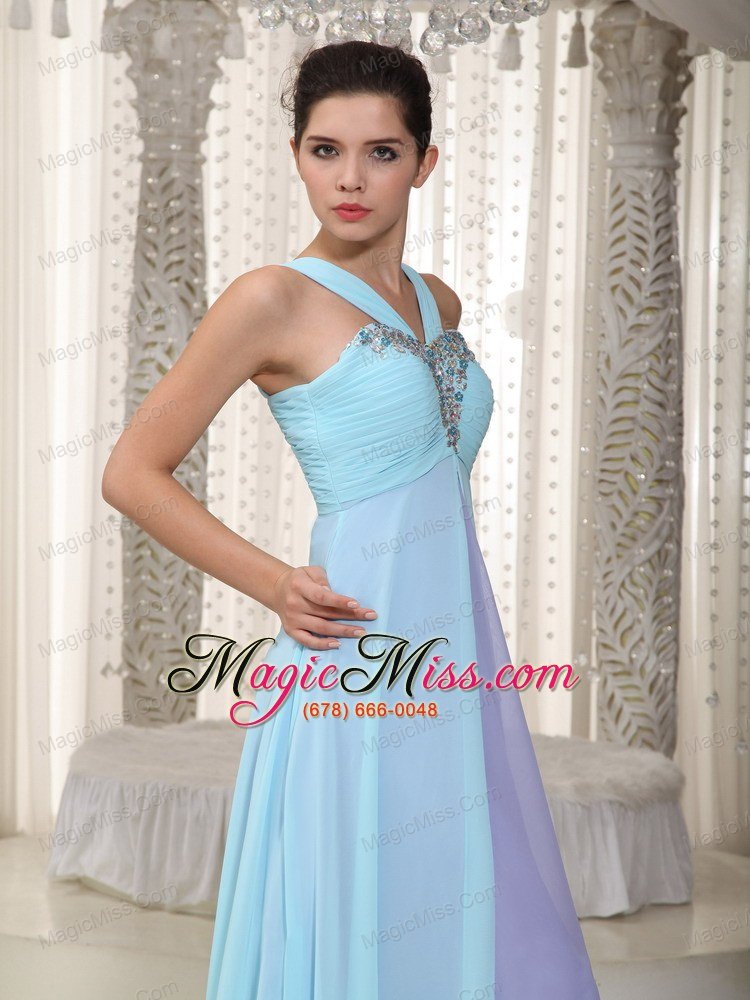 wholesale aqua blue and lavender empire straps floor-length chiffon beading prom dress