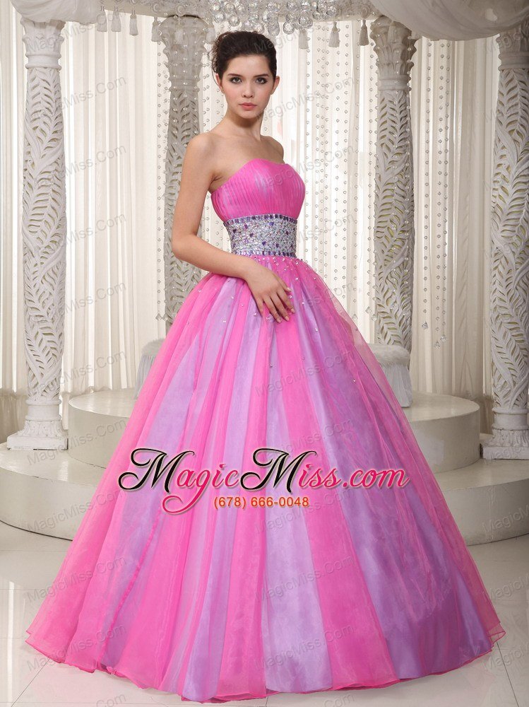 wholesale hot pink a-line / princess strapless floor-length organza beading prom dress