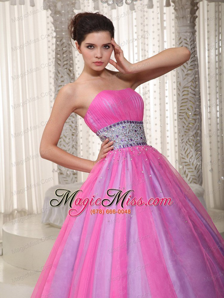 wholesale hot pink a-line / princess strapless floor-length organza beading prom dress