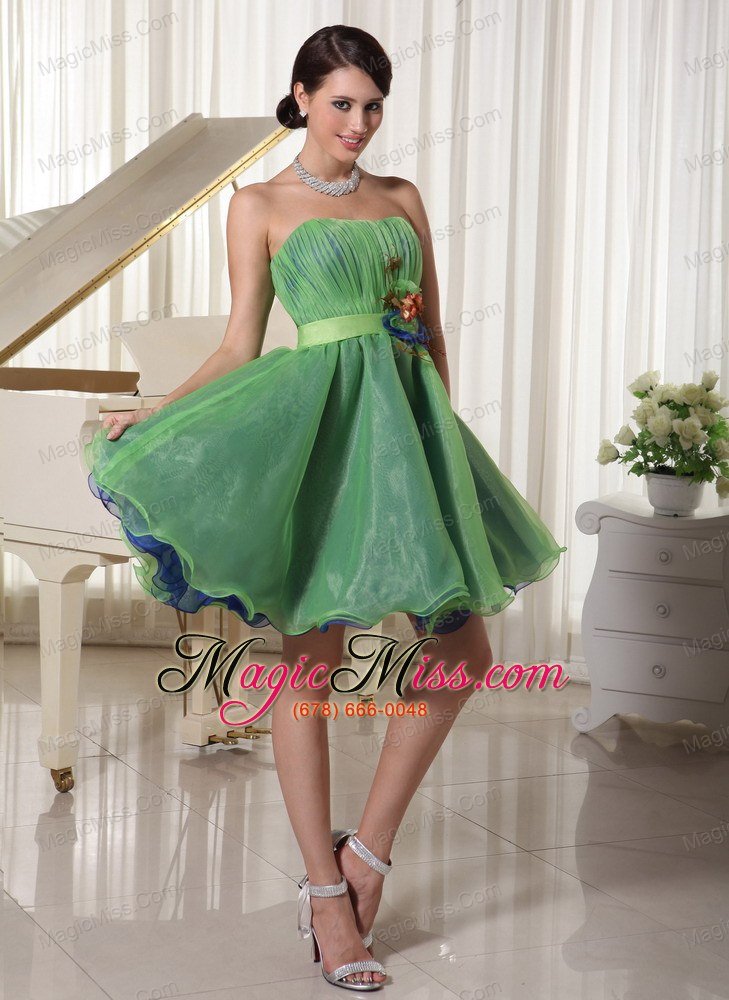 wholesale green cute a-line strapless cocktail / homecoming dress oraganza ruch and handmade flower belt mini-length