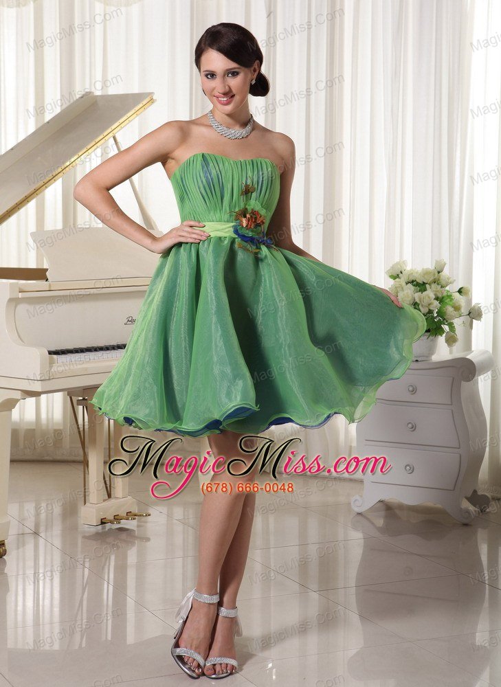 wholesale green cute a-line strapless cocktail / homecoming dress oraganza ruch and handmade flower belt mini-length