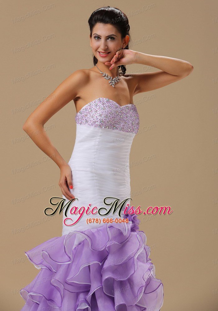 wholesale wentzville mermaid beaded decorate bust hand made flower and ruffles ruch white and purple organza 2013 prom / evening dress