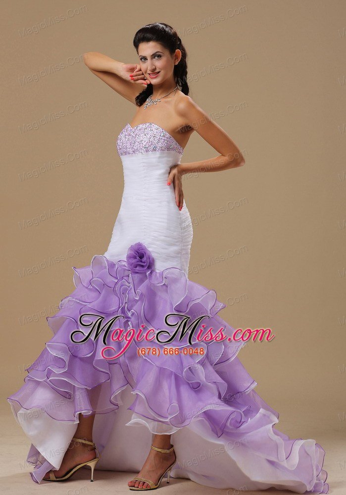 wholesale wentzville mermaid beaded decorate bust hand made flower and ruffles ruch white and purple organza 2013 prom / evening dress