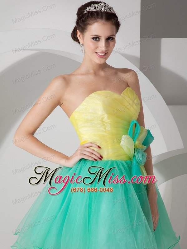 wholesale apple green and yellow a-line sweetheart mini-length organza hand made flowers prom dress