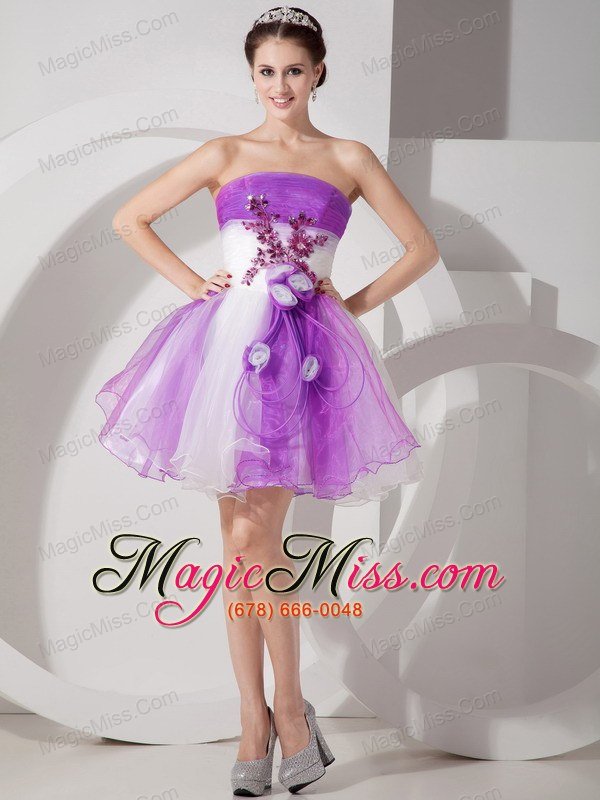 wholesale cute purple and white cocktail dress a-line strapless organza hand made flowers mini-length