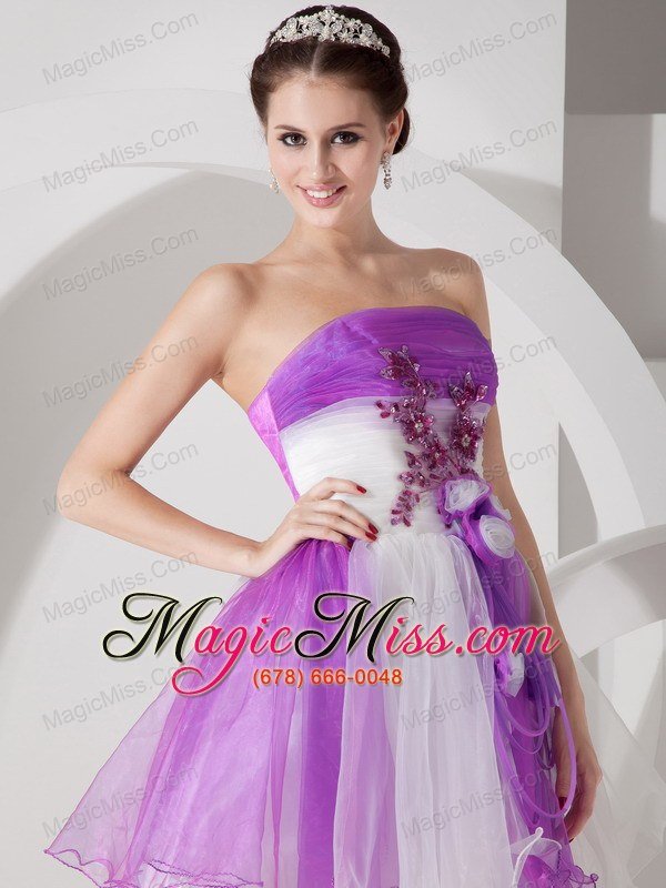 wholesale cute purple and white cocktail dress a-line strapless organza hand made flowers mini-length