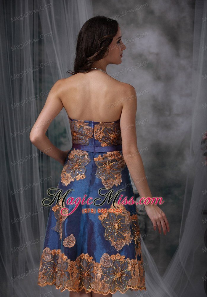 wholesale unique navy blue evening dress a-line / princess strapless tea-length taffeta appliques