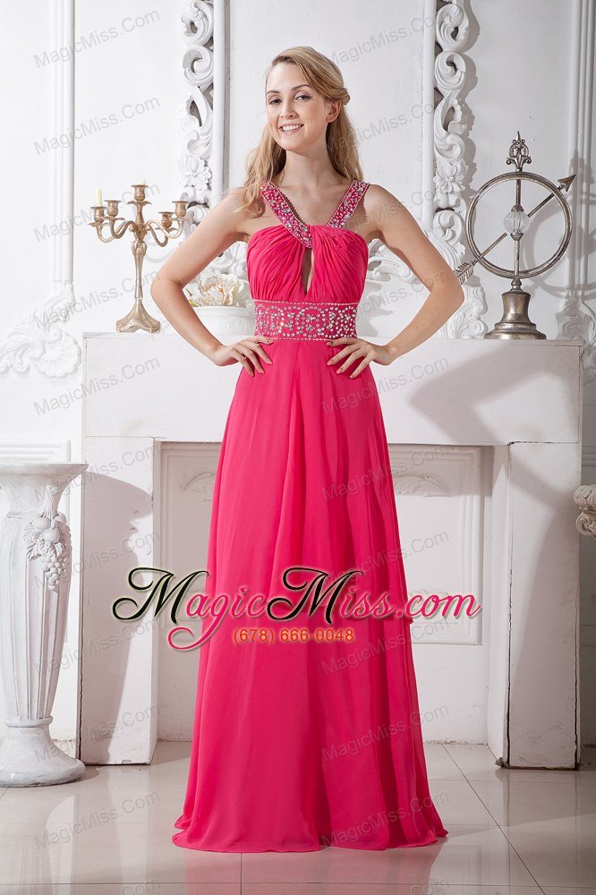 wholesale affordable sexy coral red v-neck chiffon prom dress brush train