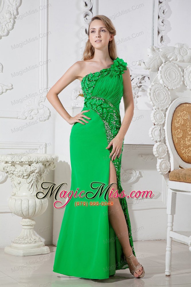 wholesale green one shoulder hand made flowers cut out prom dress floor-length elastic wove satin