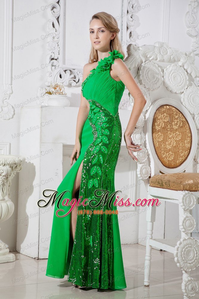 wholesale green one shoulder hand made flowers cut out prom dress floor-length elastic wove satin