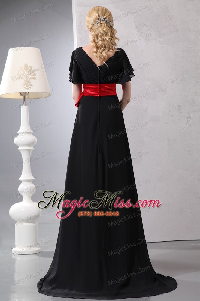 wholesale red and black empire v-neck brush train chiffon and taffeta bow prom dress