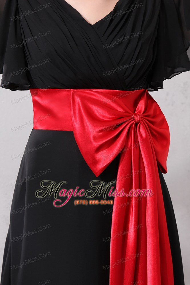 wholesale red and black empire v-neck brush train chiffon and taffeta bow prom dress
