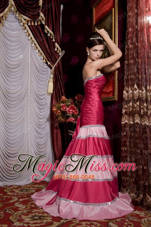 wholesale hot pink mermaid strapless brush train taffeta sequins prom / evening dress