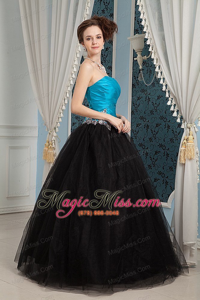 wholesale inexpensive blue and black prom dress a-line sweetheart beading floor-length organza and tulle