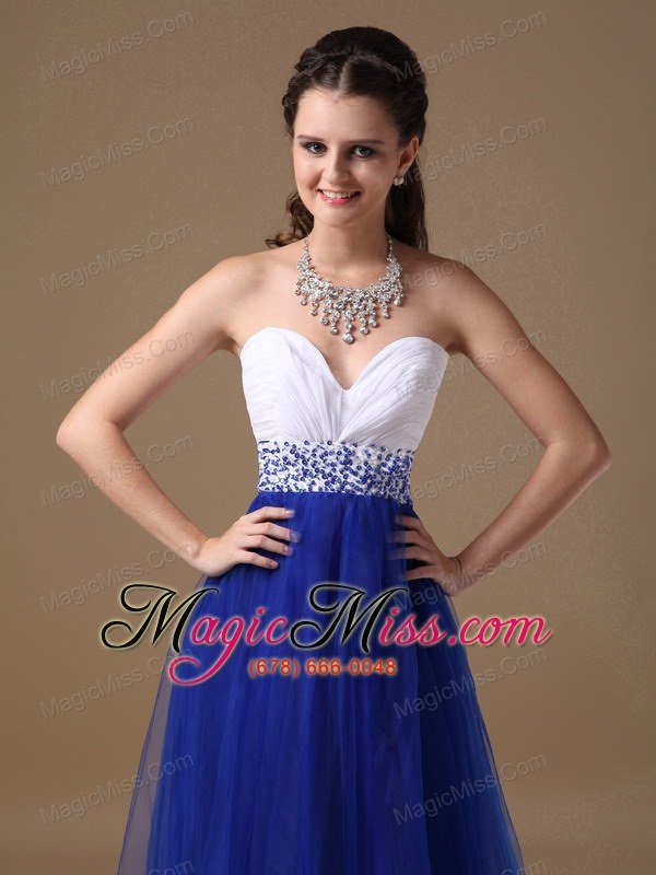wholesale white and blue a-line sweetheart floor-length tulle and taffeta beading prom dress