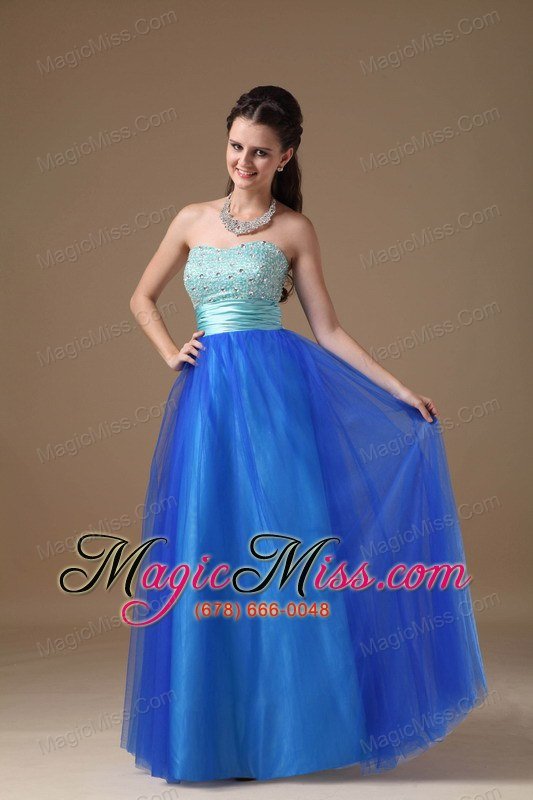 wholesale blue a-line strapless floor-length taffeta and tulle beading prom dress