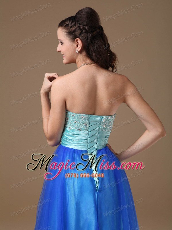 wholesale blue a-line strapless floor-length taffeta and tulle beading prom dress