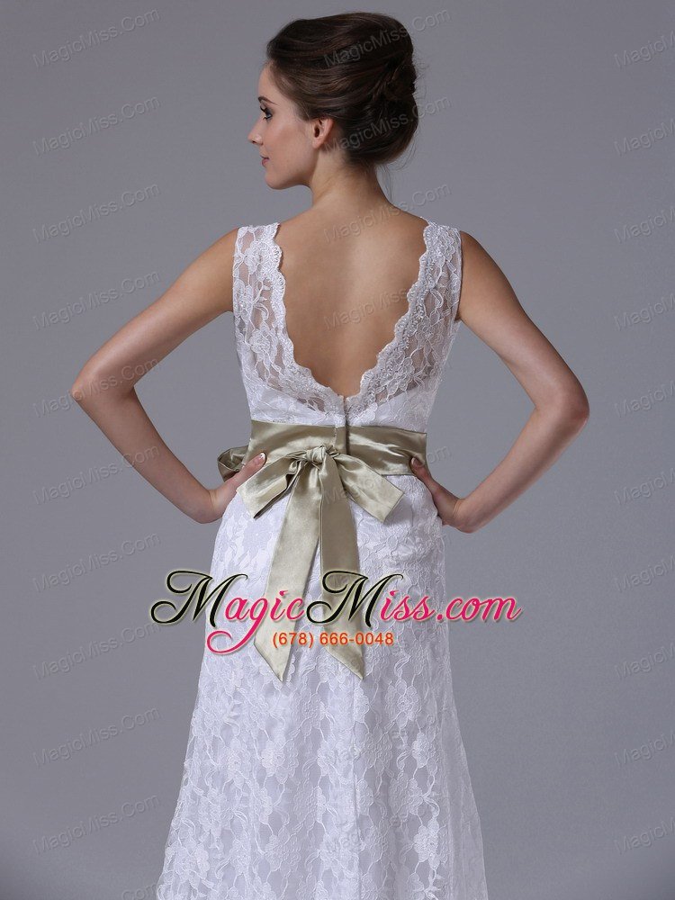 wholesale high-low v-neck lace stylish customize wedding dress with sashes/ribbons