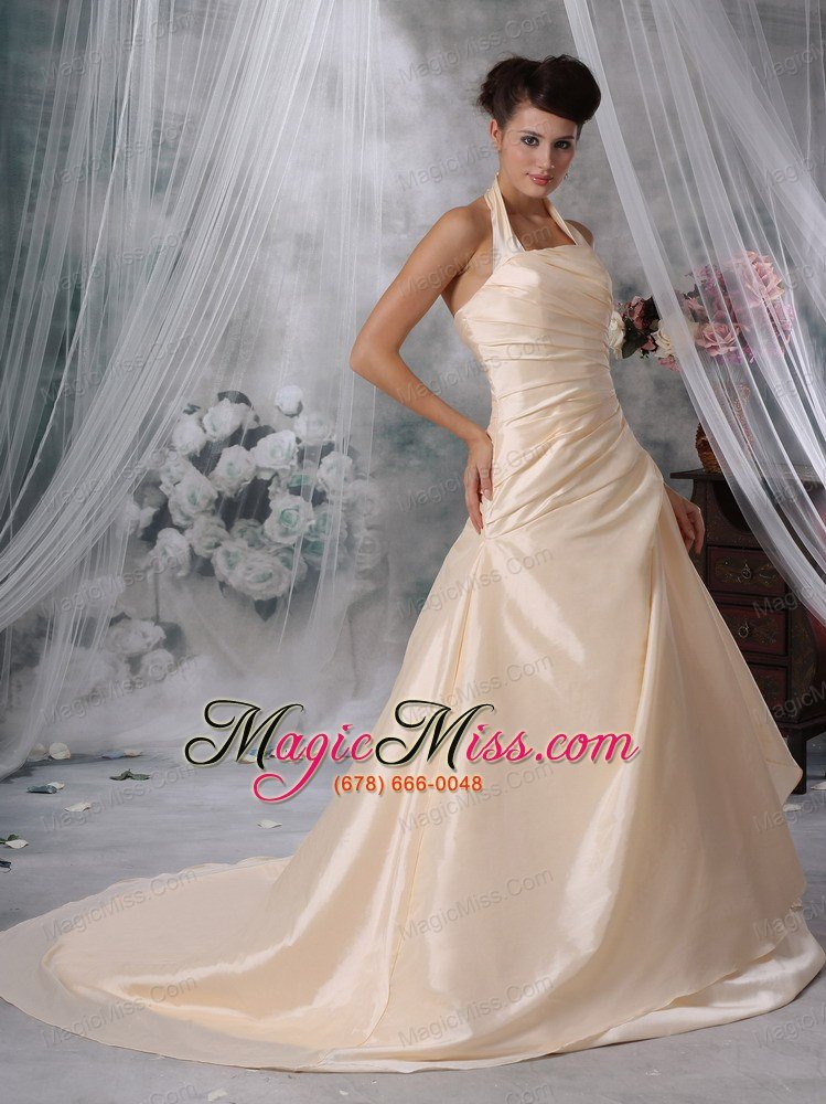 wholesale champagne a-line / princess halter court train taffeta ruched wedding dress