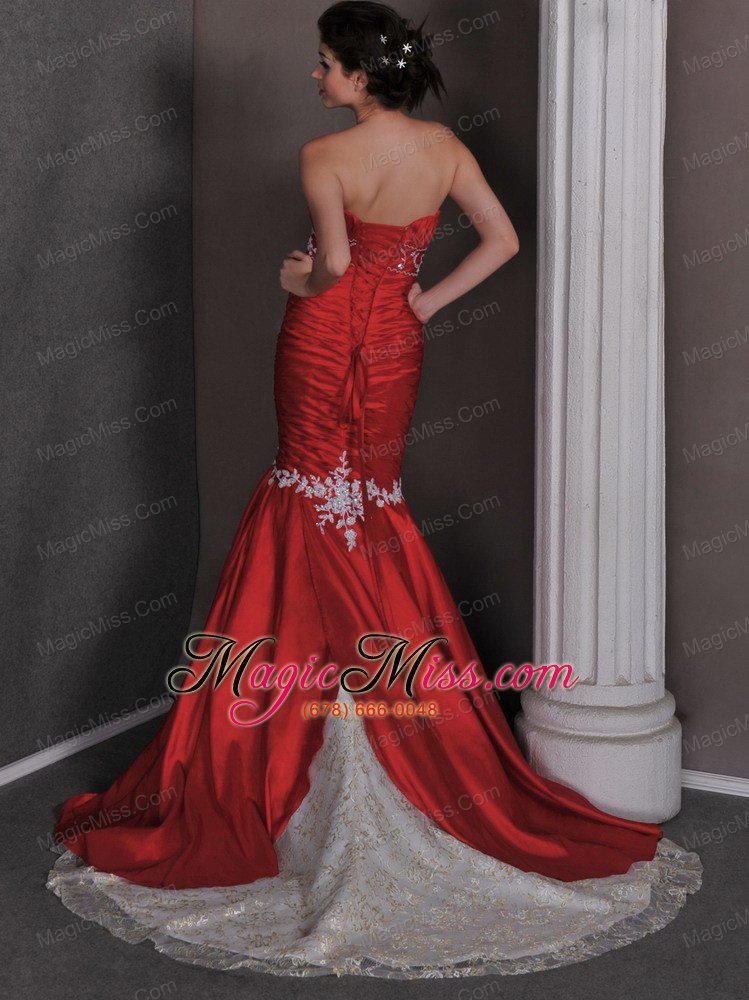 wholesale red mermaid sweetheart court train taffeta and lace appliques and ruch prom dress