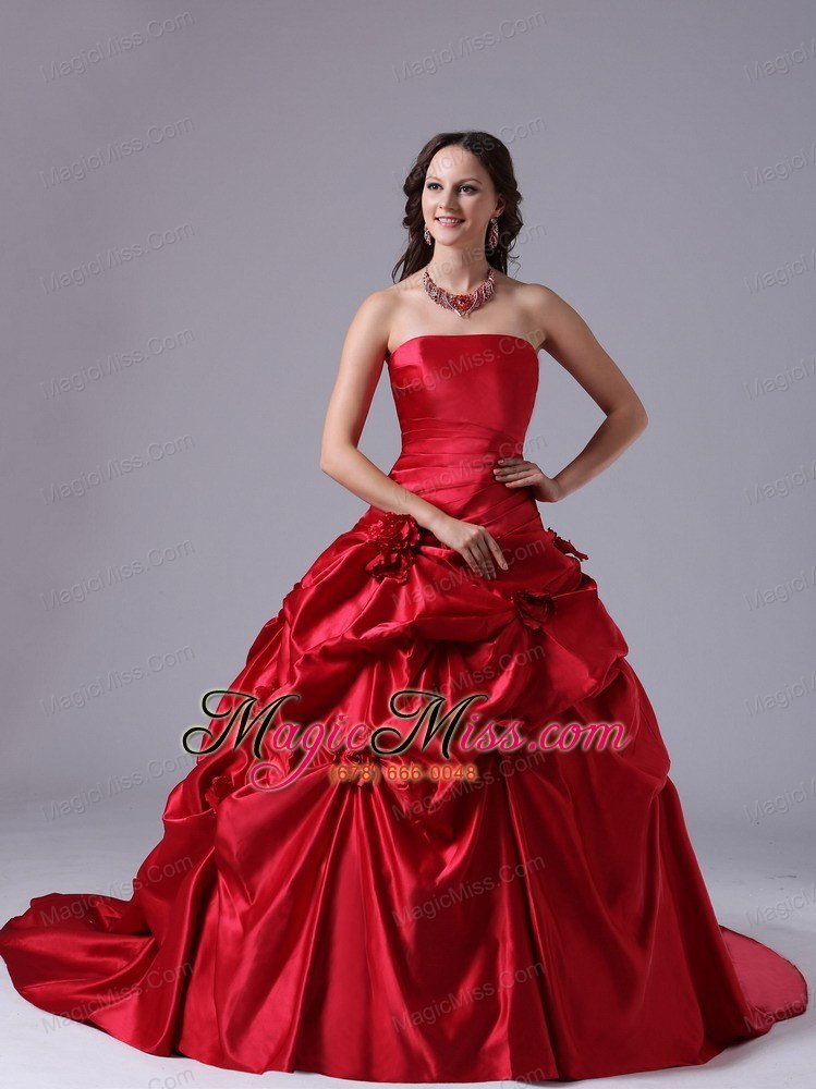 wholesale wine red pick-ups ball gown wedding dress with court train in 2013