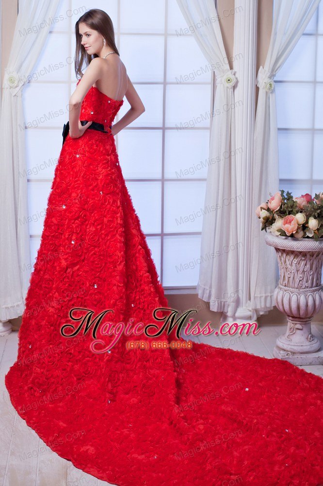 wholesale red a-line strapless cathedral train special fabric beading and sash wedding dress