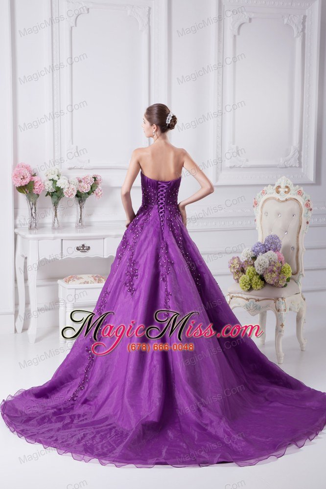 wholesale appliques sweetheart a-line chapel train wedding dress in purple