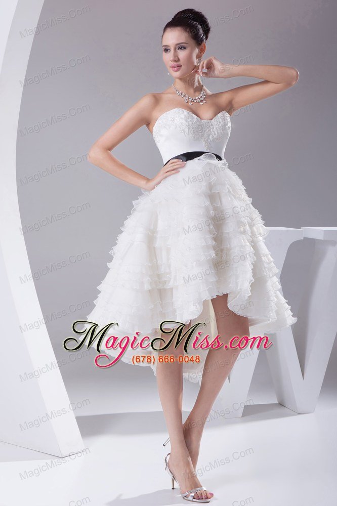 wholesale a-line / princess ruffled layers knee-length sash wedding dress