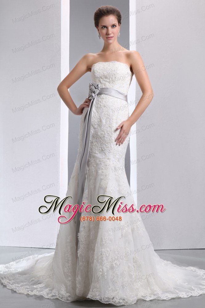 wholesale luxurious mermaid strapless court train taffeta and lace sash wedding dress