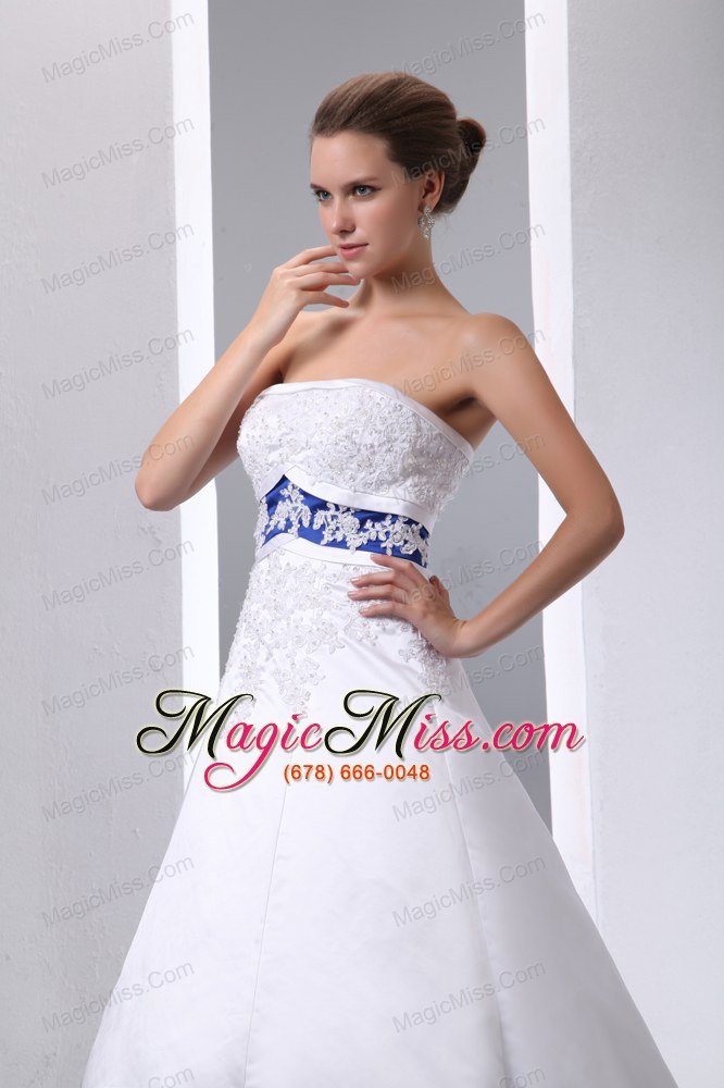 wholesale graceful a-line strapless brush train satin and lace appliques wedding dress