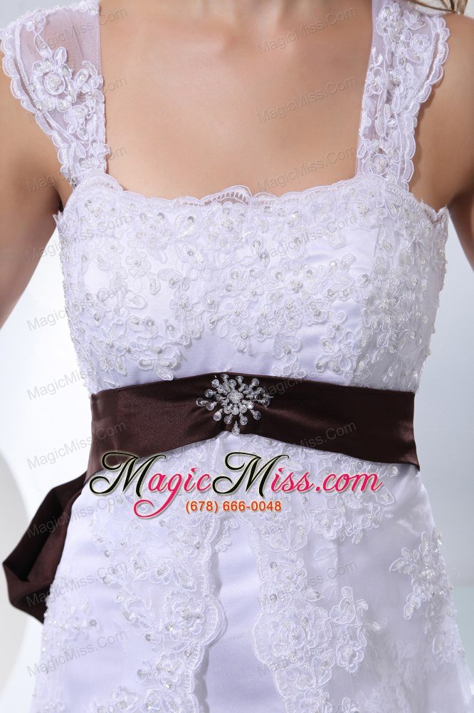 wholesale fashionable a-line straps chapel train taffeta and lace bow beading wedding dress