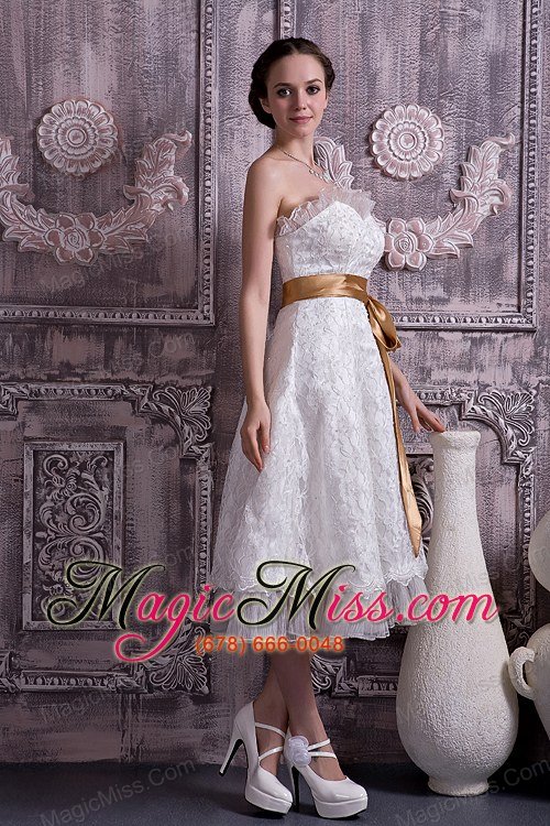 wholesale custom made column / sheath sweetheart tea-length lace and organza beading wedding dress