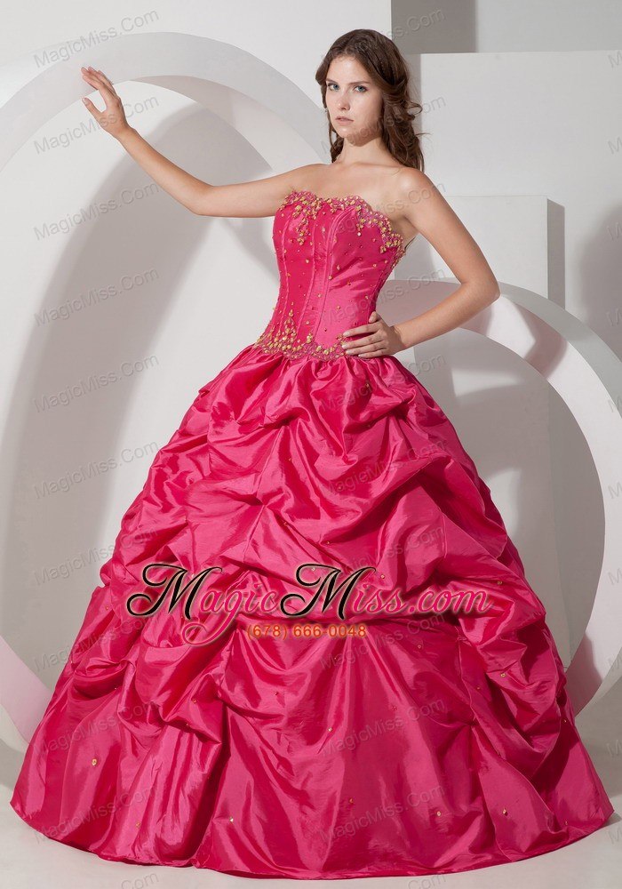 wholesale hot pink ball gown strapless floor-length taffeta pick-ups quinceanera dress