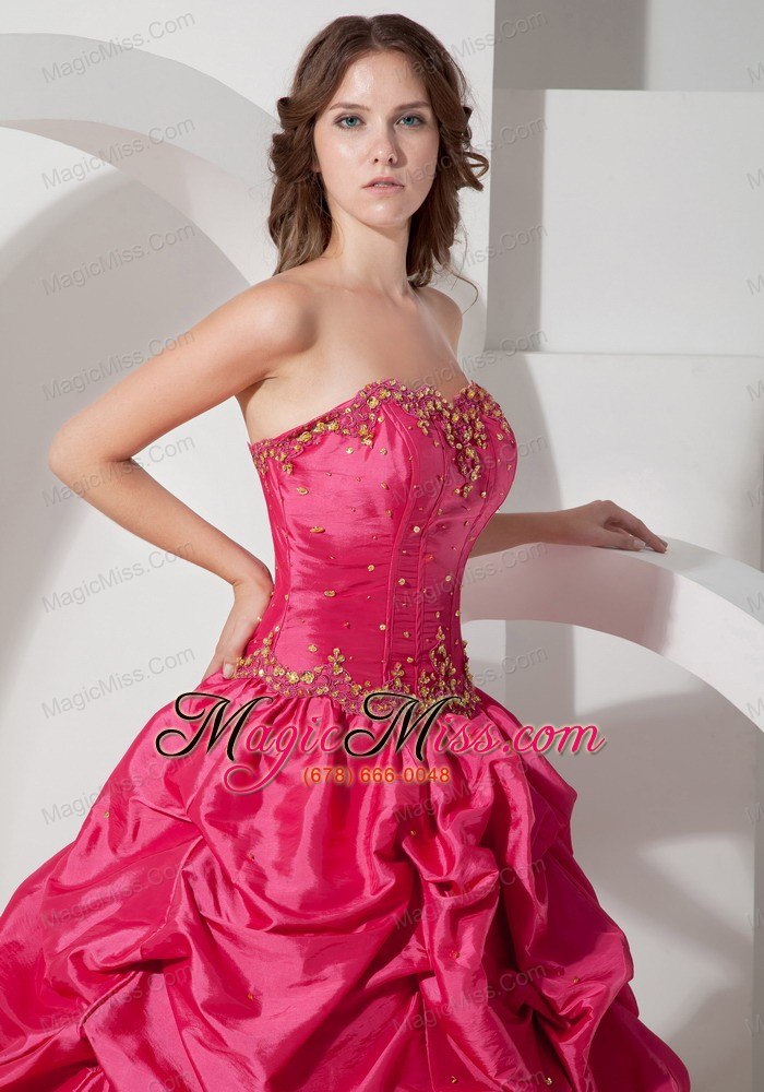 wholesale hot pink ball gown strapless floor-length taffeta pick-ups quinceanera dress