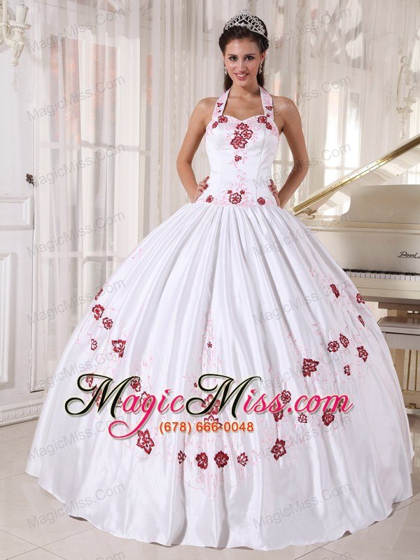 wholesale white ball gown halter floor-length taffeta embroidery quinceanera dress